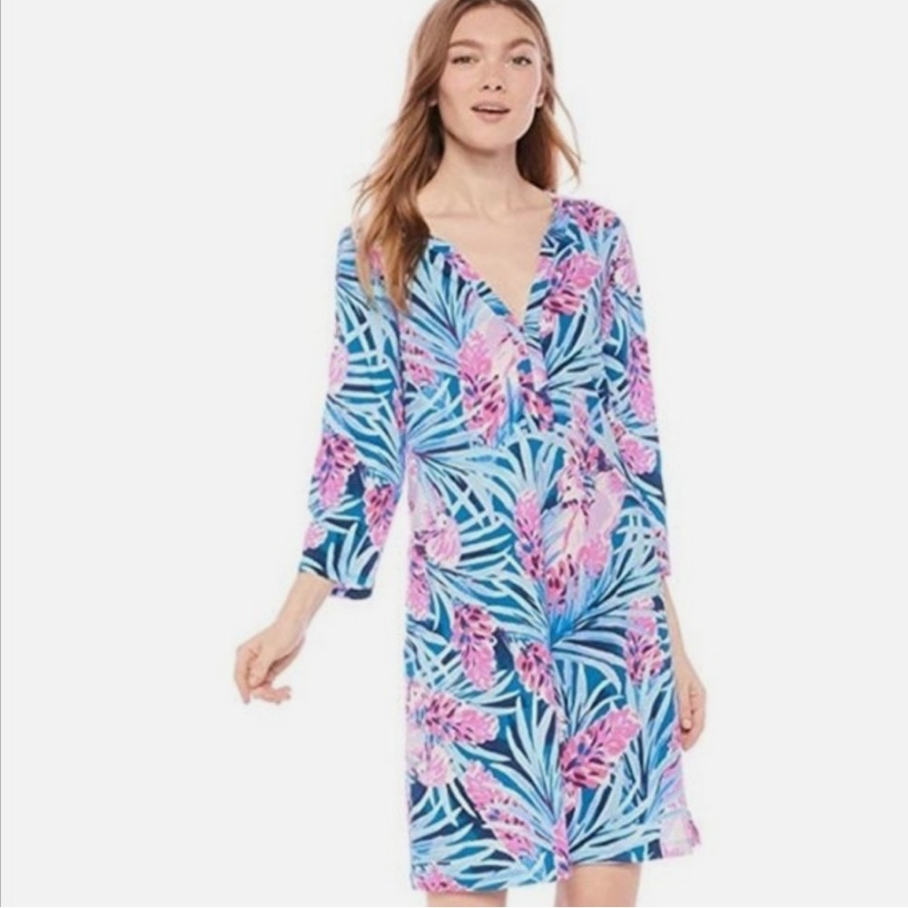 LILLY PULITZER Mr Peacock Blue Tweethearts DAPHNE Tunic Shirt Dress M Colorful - Picture 2 of 11